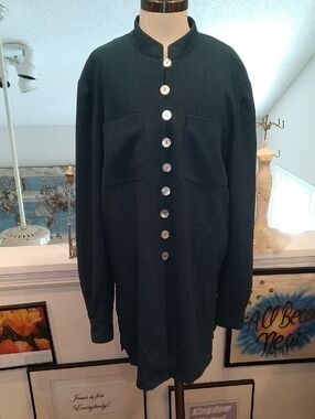 Vintage Womens Dark Green Button-Front Long Shirt Jacket
